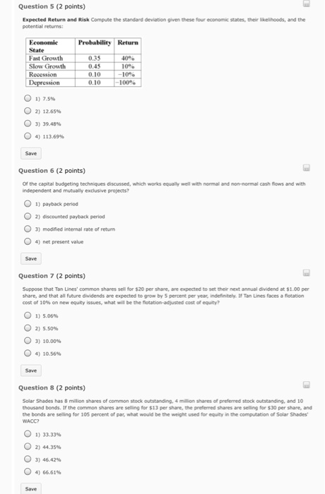  Expected Return end Risk Compute the standard deviation given these four