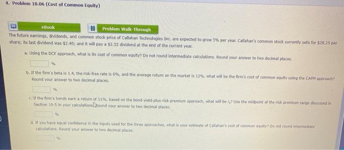  4. Problem 10.06 (Cost of Common Equity) eBook Problem Walk-Through The