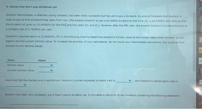 please help 9. Stocks that don't pay dividends yet Goodwin Technologies, a