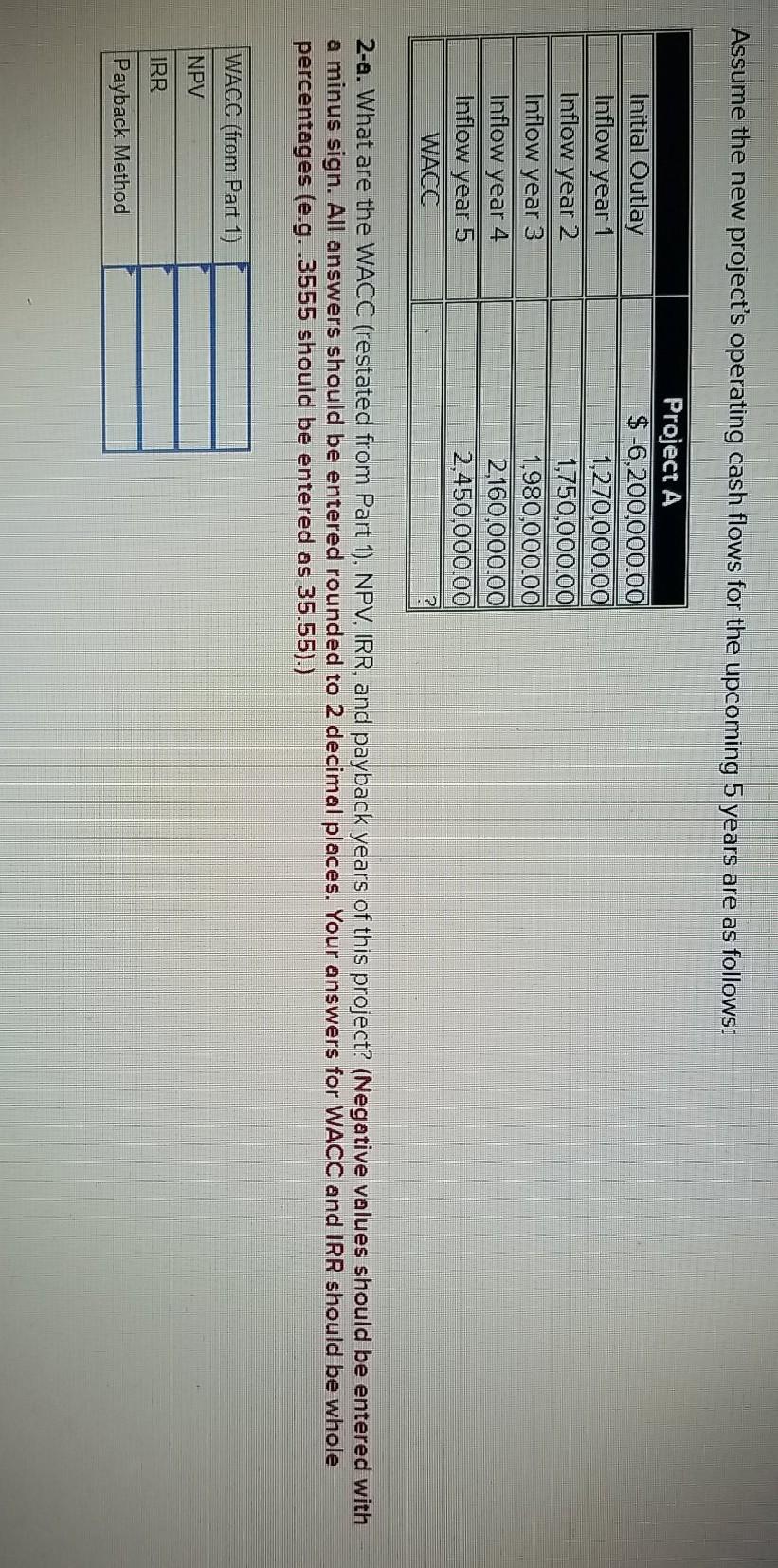 the outcome using the net present value (NPV) method? O Project A