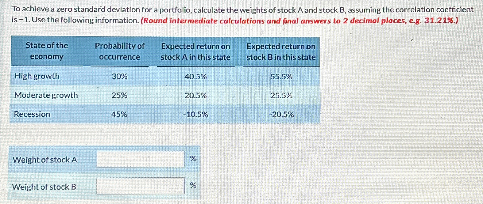  To achieve a zero standard deviation for a portfolio, calculate the