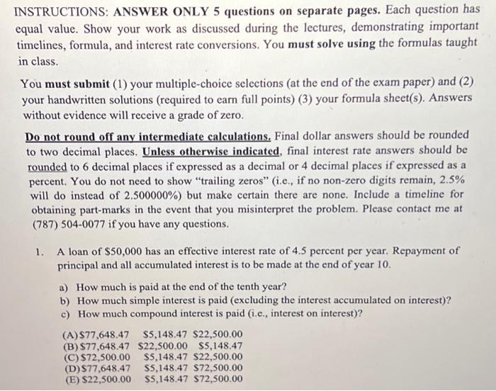  INSTRUCTIONS: ANSWER ONLY 5 questions on separate pages. Each question has