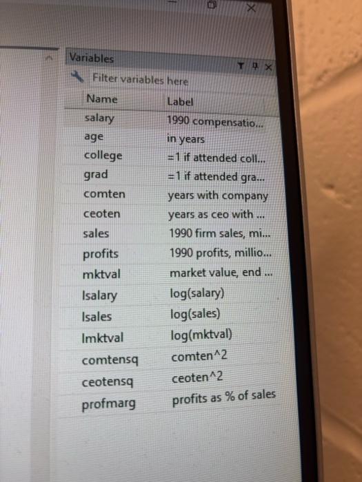 variable for the following question: 1. The data set in CEOSAL2 contains