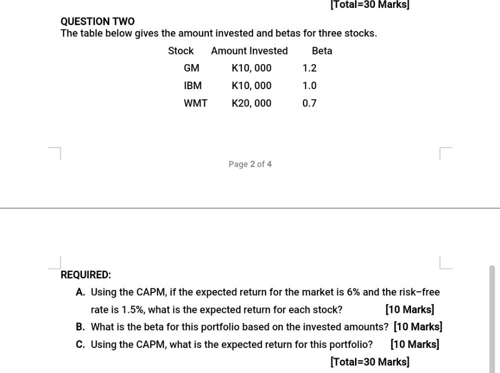  Total=30 Marks] QUESTION TWO The table below gives the amount invested