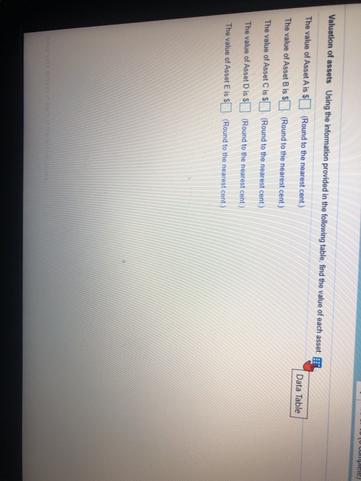  opiele) Data Table Valuation of assets Using the information provided in