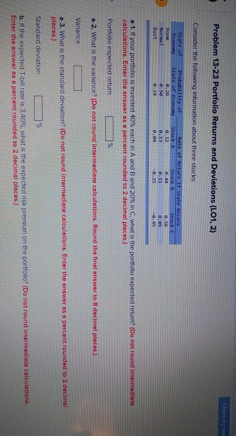  Check my wo Problem 13-23 Portfolio Returns and Deviations (LO1, 2)