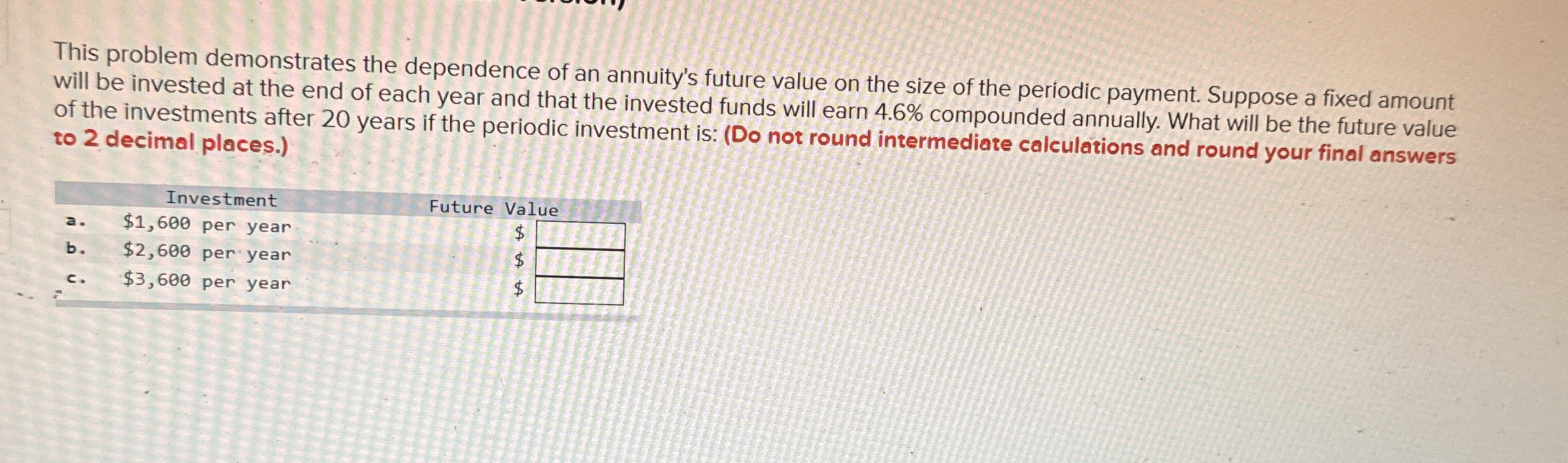  This problem demonstrates the dependence of an annuity's future value on