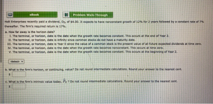  eBook Problem Walk-Through Holt Enterprises recently paid a dividend, Do, of