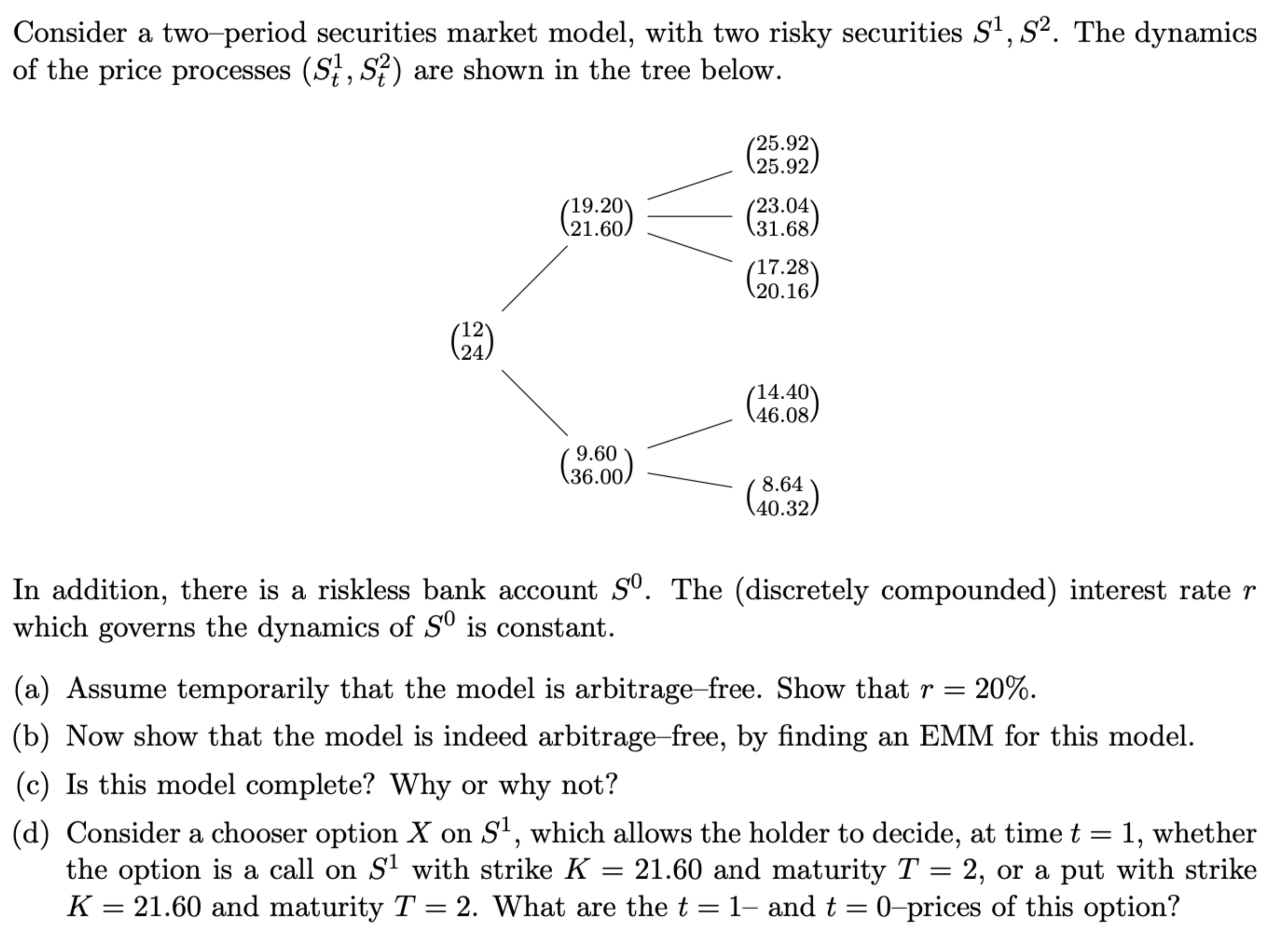  Consider a two-period securities market model, with two risky securities S1,S2.
