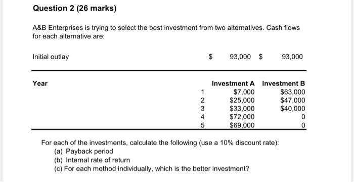  Question 2 (26 marks) A&B Enterprises is trying to select the