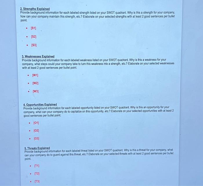 with 3 bullet points Highighting the internal strengthis/weaknesses and external opportunities/threa's of