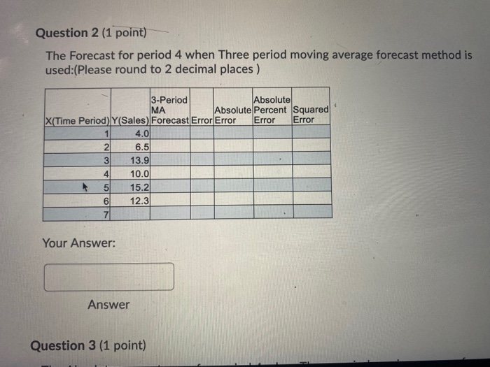  Question 2 (1 point) The Forecast for period 4 when Three