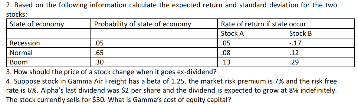  2. Based on the following information calculate the expected return and