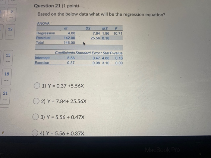  Question 21 (1 point) Based on the below data what will