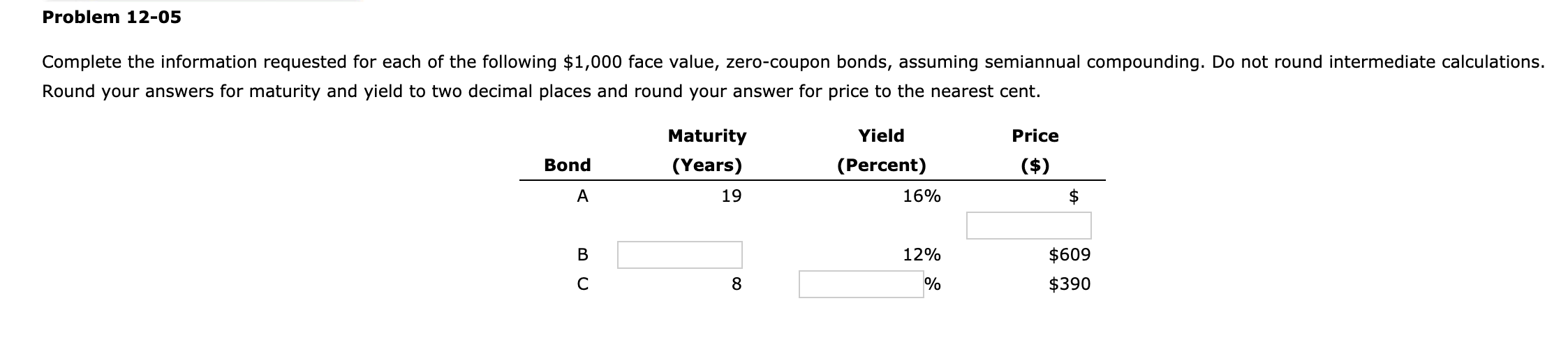 Problem 12-05 Complete the information requested for each of the following