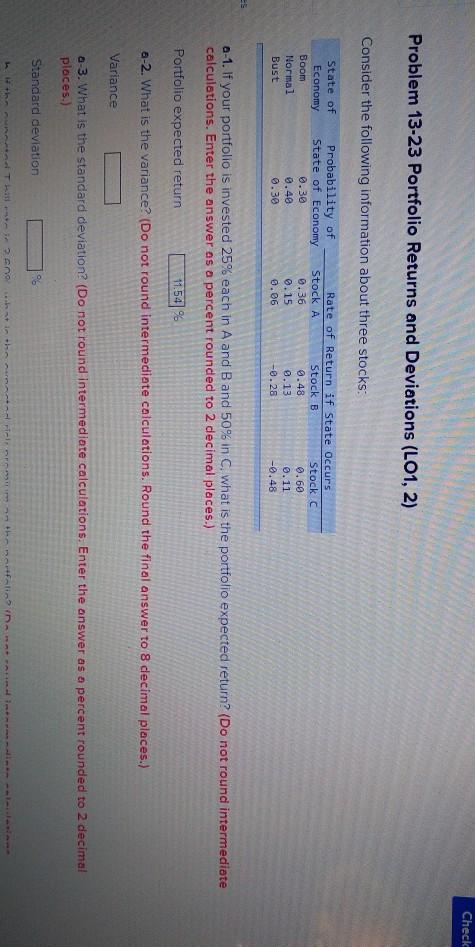  Check Problem 13-23 Portfolio Returns and Deviations (LO1, 2) Consider the