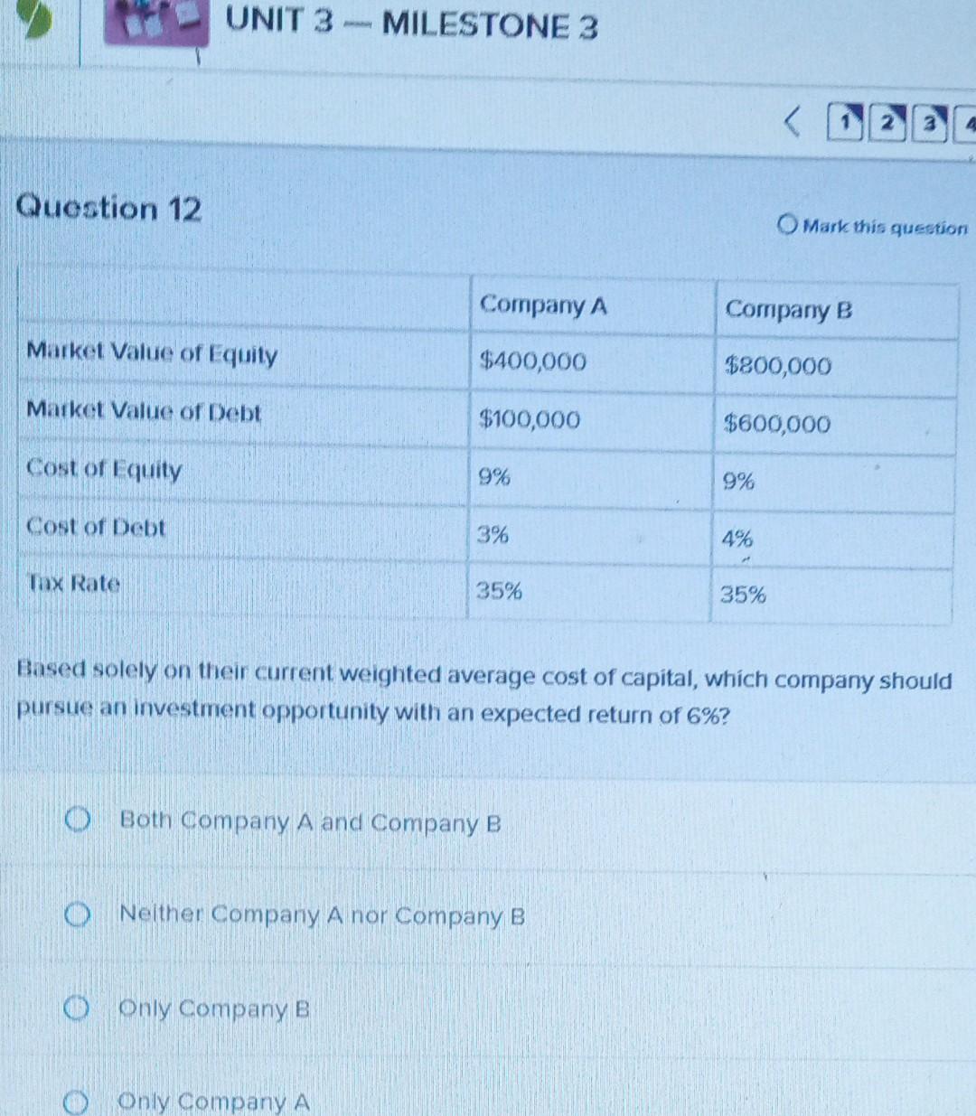 Question 12 Mark this question Based solely on their current weighted