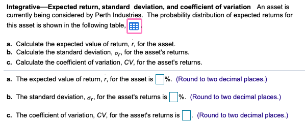  Integrative-Expected return, standard deviation, and coefficient of variation An asset is