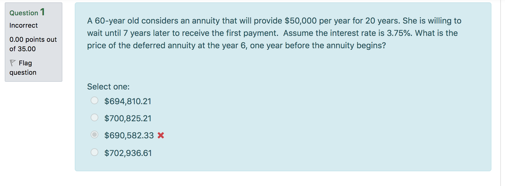 Question 1 Incorrect A 60-year old considers an annuity that will