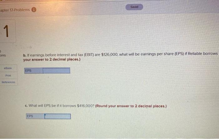  Saved apter 17-Problems 1 bints b. If earnings before interest and