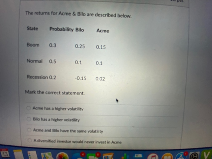 statement. Acme has a higher volatility Bilo has a higher volatility Acme