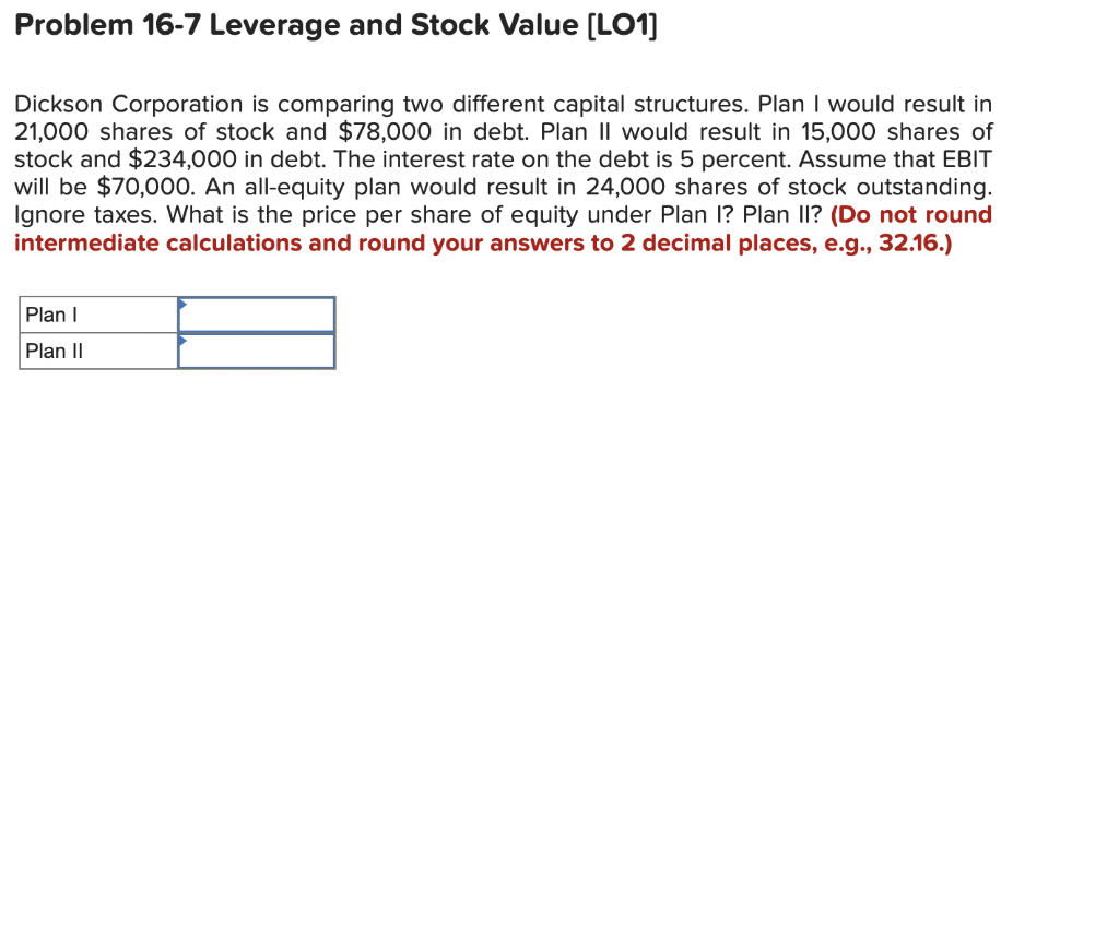 Dickson Corporation is comparing two different capital structures. Plan I would