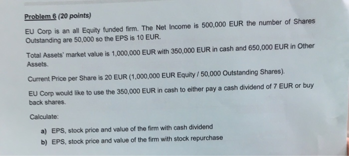  Problem 6 (20 points) EU Corp is an all Equity funded