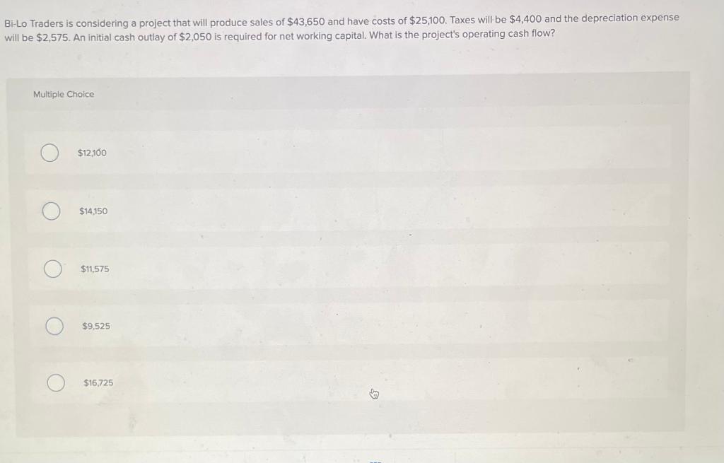 Bi-Lo Traders is considering a project that will produce sales of