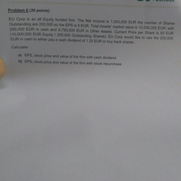  Problem 6 (20 points) EU Corp is an all Equity funded