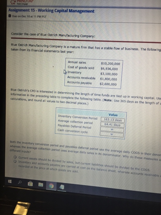  MIND Assignment 15-Working Capital Management Due on Dec 10 at 11PM
