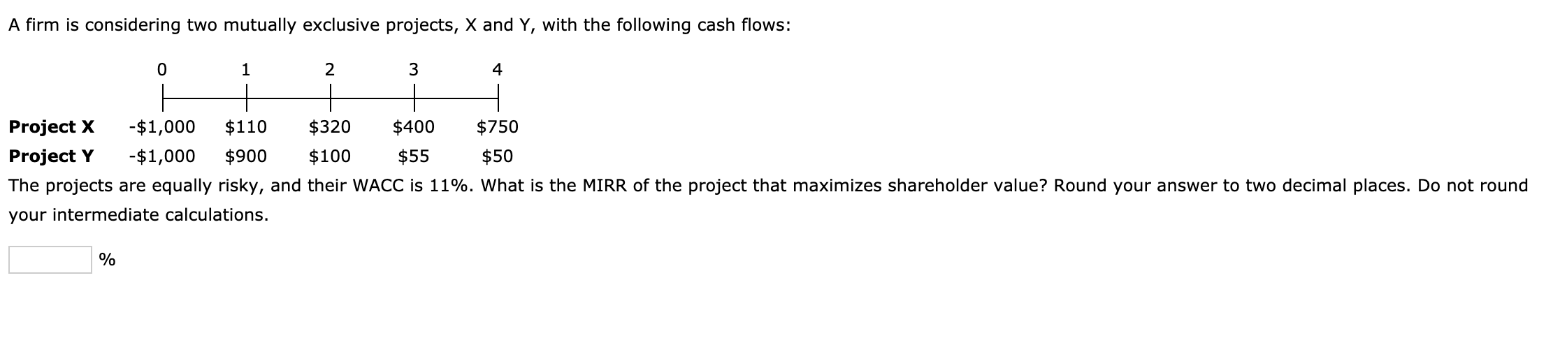 A firm is considering two mutually exclusive projects, X and Y,