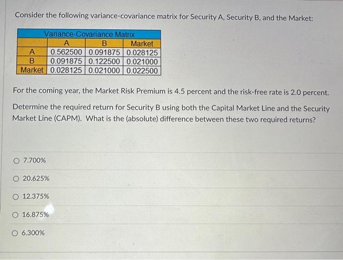  Consider the following variance-covariance matrix for Security A, Security B, and