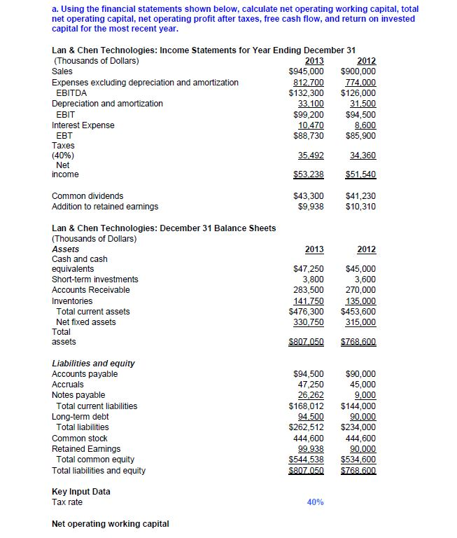  a. Using the financial statements shown below, calculate net operating working