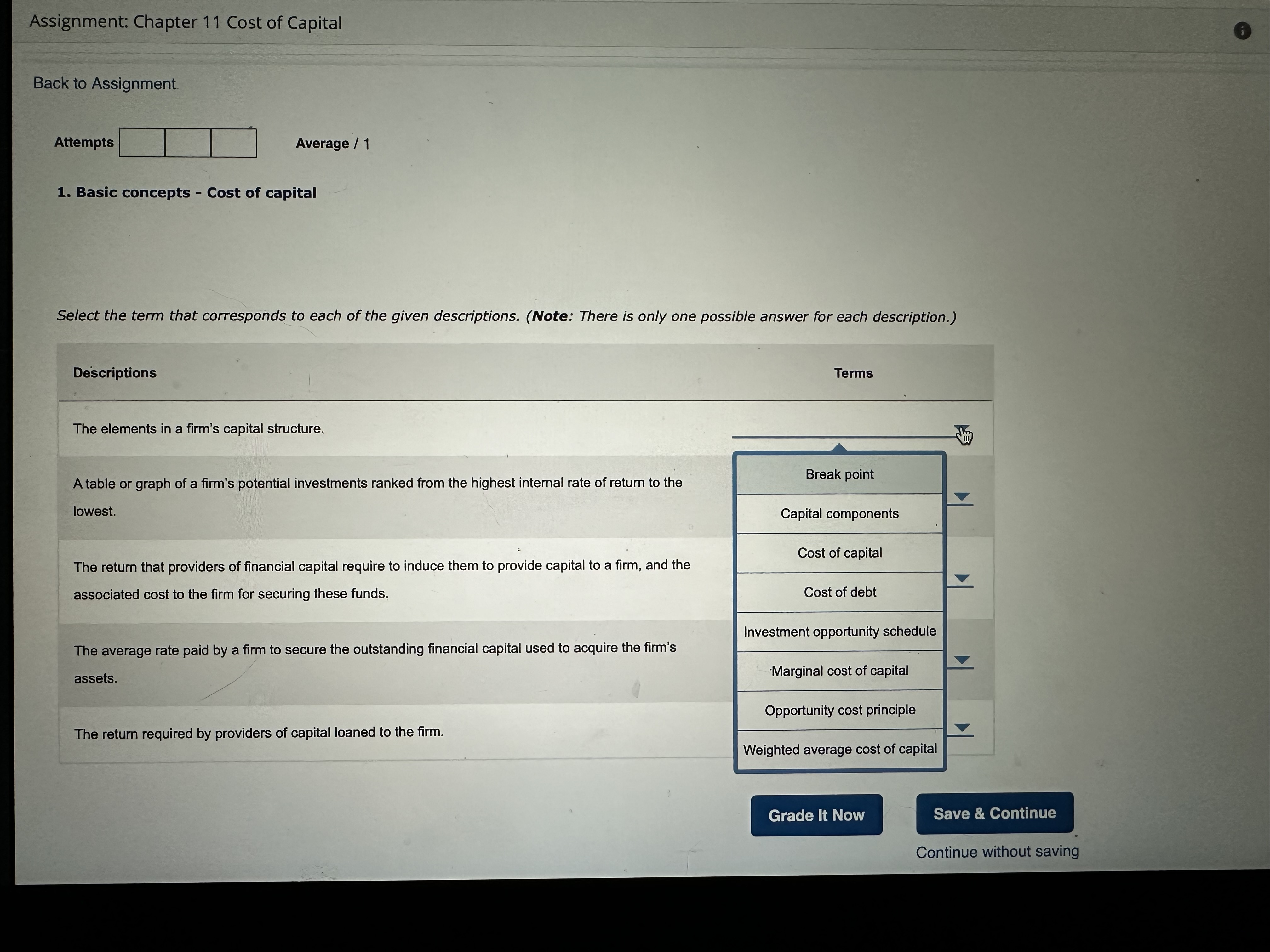  Back to Assignment Average /1 Basic concepts - Cost of capital