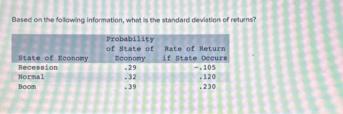  Based on the following information, what is the standard deviation of