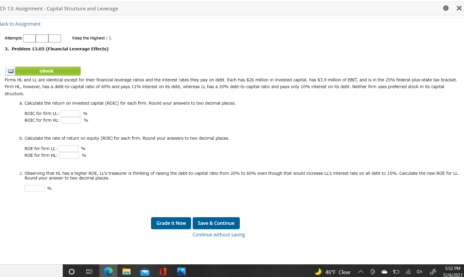  Ch 13: Assignment - Capital Structure and Leverage x Back to