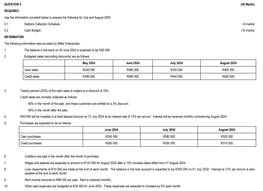  QUESTION 5 REQUIRED Use the information provided below to prepare the