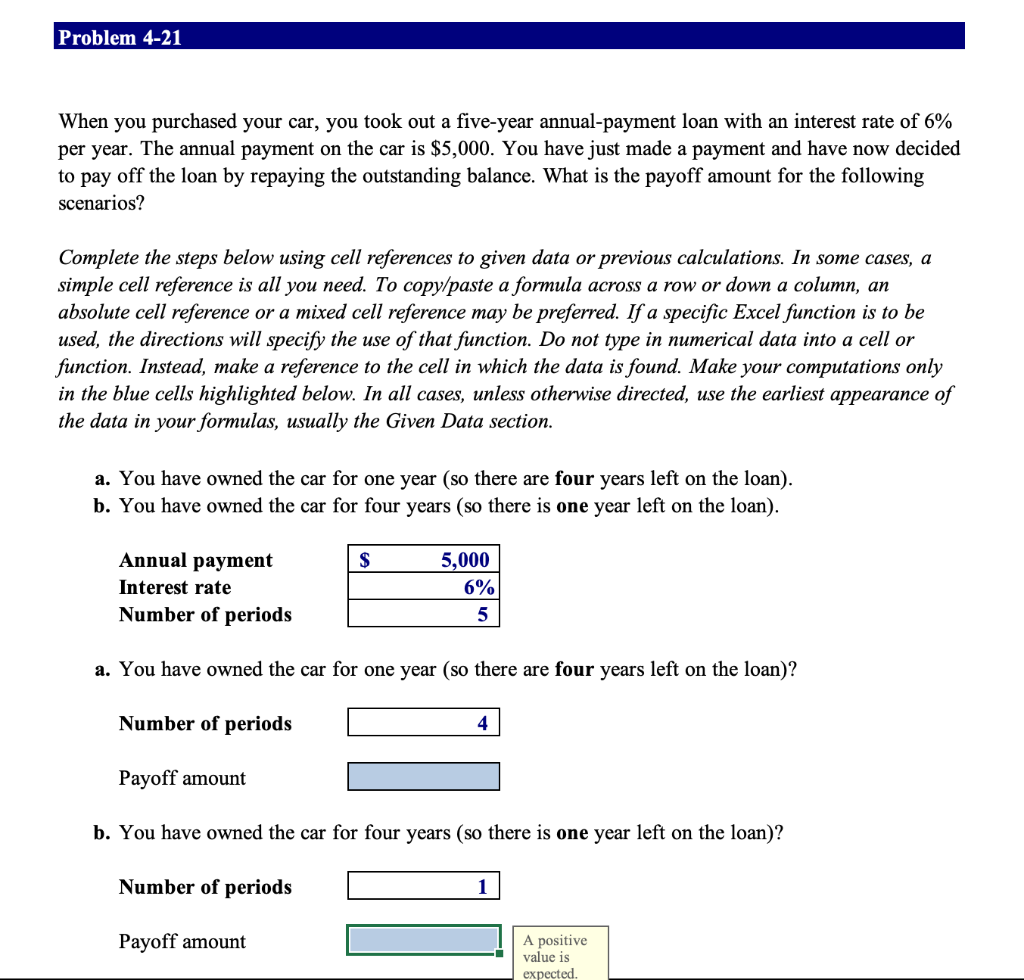 Problem 4-21 When you purchased your car, you took out a