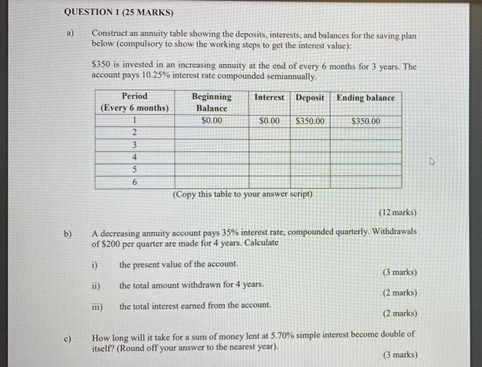  QUESTION 1 (25 MARKS) a) Construct an annuity table showing the