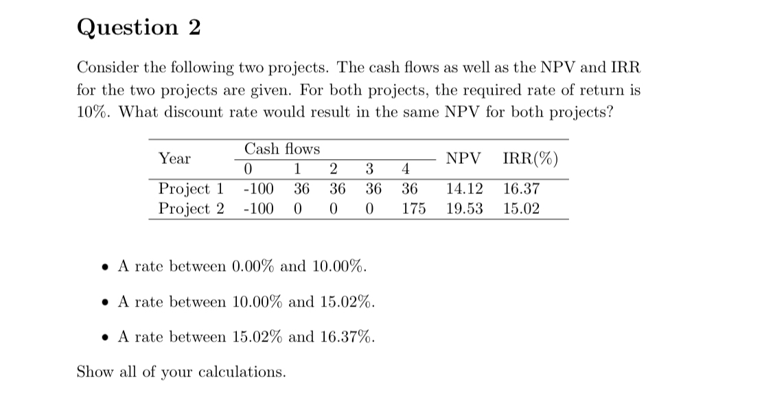  Question 2 Consider the following two projects. The cash flows as