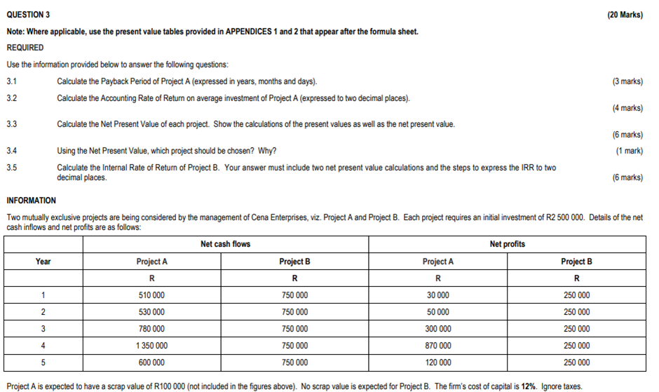  QUESTION 3 (20 Marks Note: Where applicable, use the present value