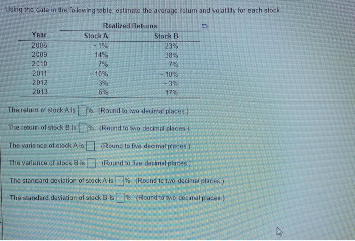  Using the data in the following table, estimate the average return