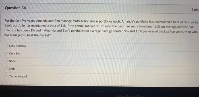  Question 34 1 pts For the fast five years, Amanda and