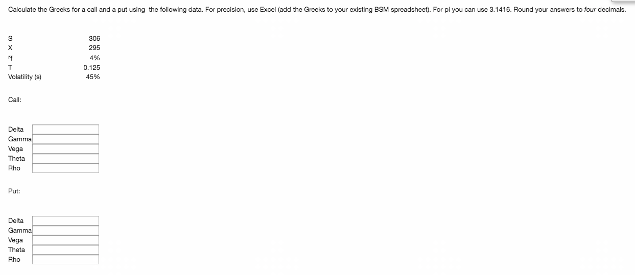 Calculate the Greeks for a call and a put using the following