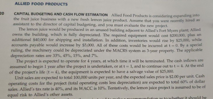 Objective: Project Cash Flow Projections and Investment Analysis Project FCF = (EBIT(1-t)