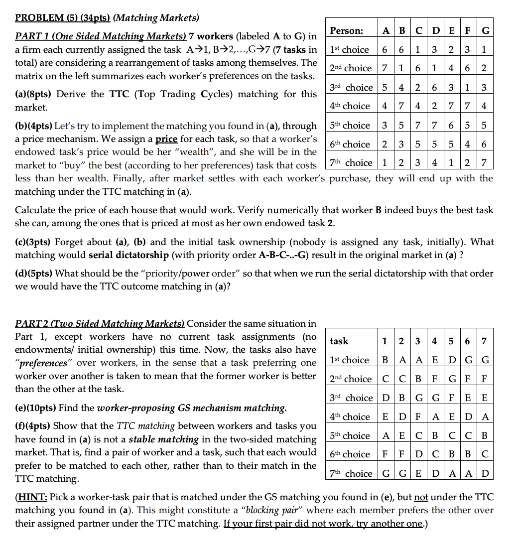  PROBLEM (5)(34pts)(Matching Markets) PART 1(One Sided Matching Markets)7 workers (labeled A