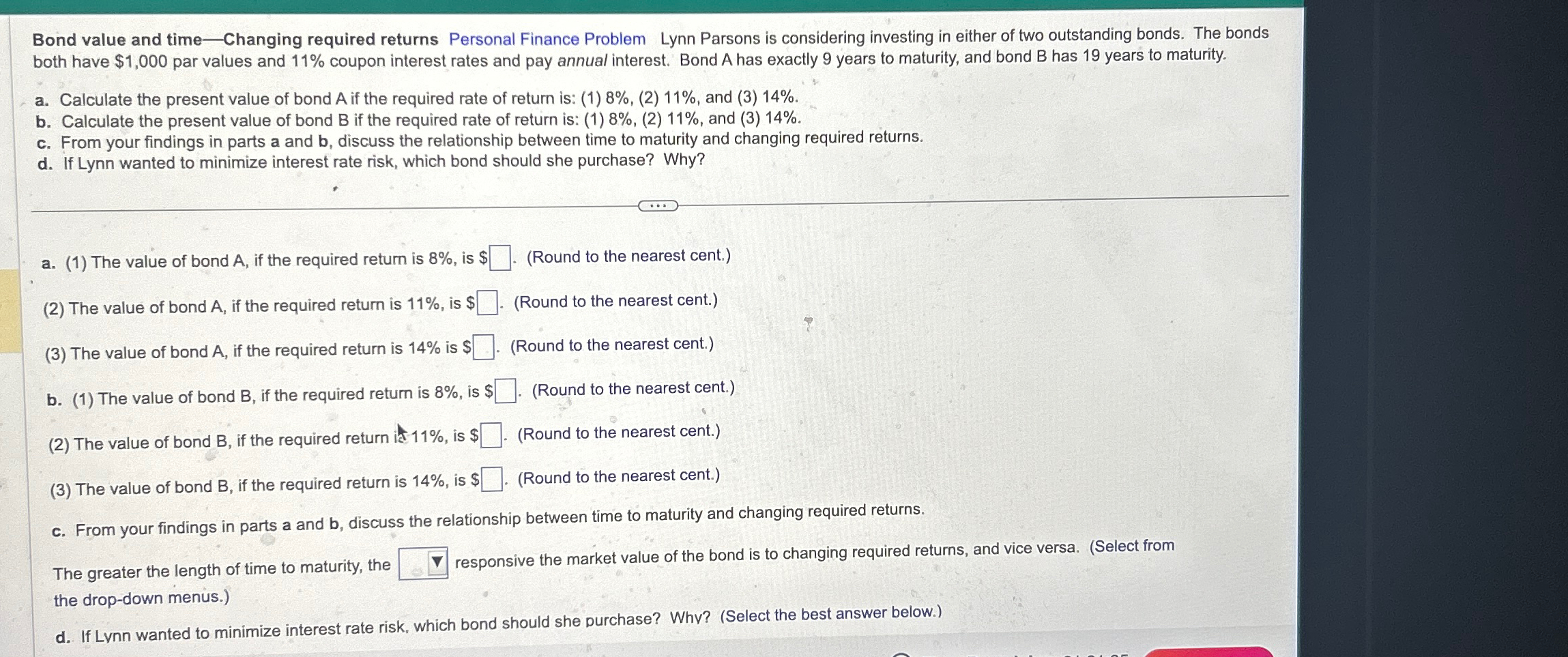  Bond value and time-Changing required returns Personal Finance Problem Lynn Parsons