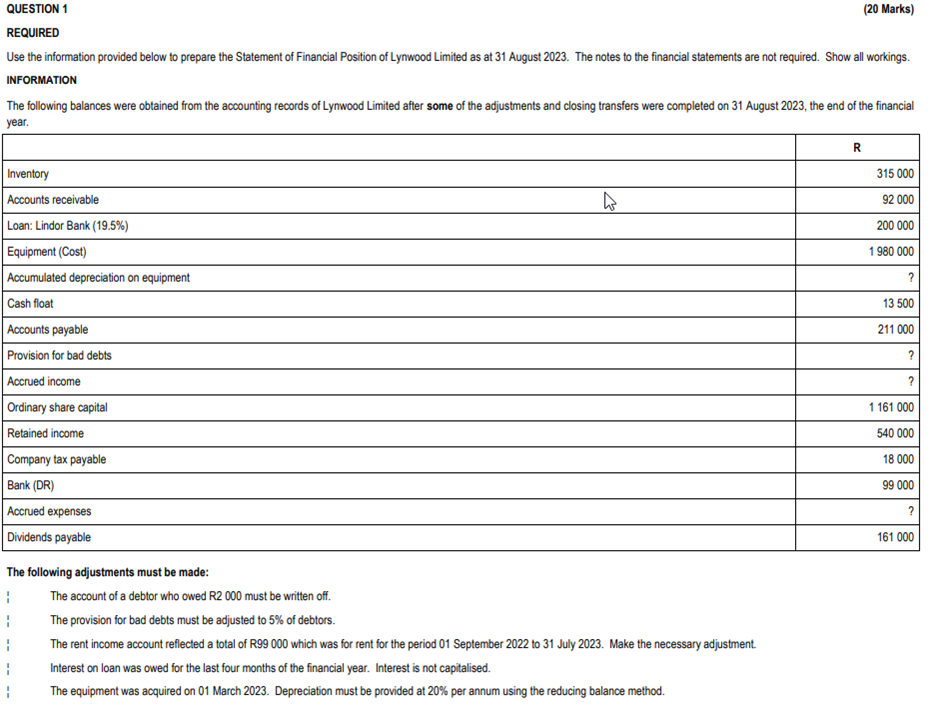 QUESTION 1 REQUIRED Use the information provided below to prepare the