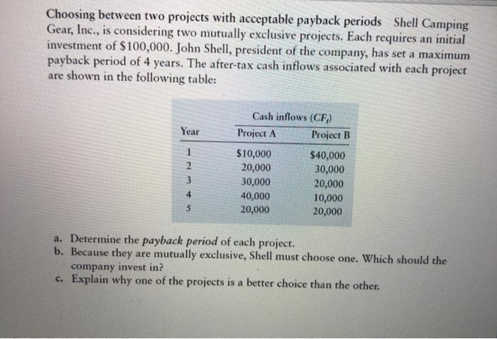  Choosing between two projects with acceptable payback periods Shell Camping Gear,