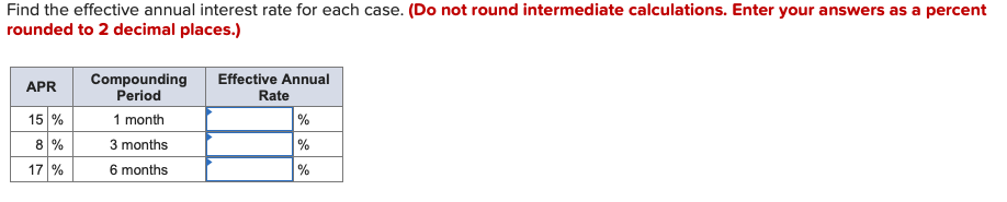 Find the effective annual interest rate for each case. (Do not